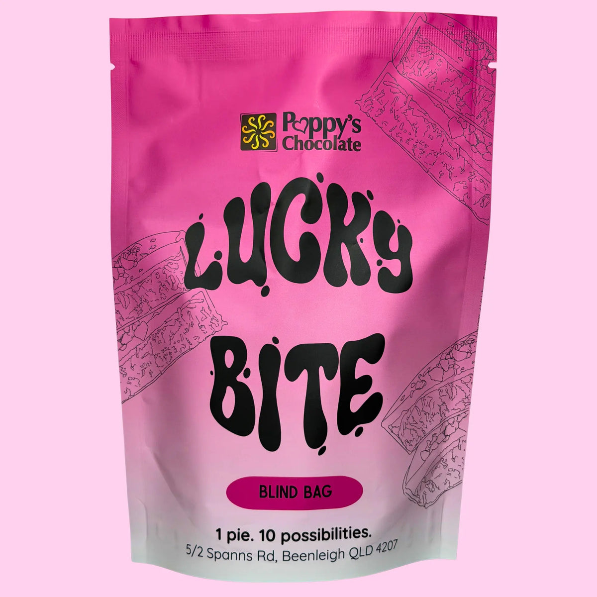 A pink stand-up pouch of Poppy's Chocolate 'Lucky Bite' blind bag, featuring black text and pink line-art illustrations of chocolate-draped pies on a light pink background.