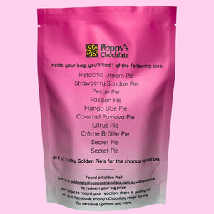 A pink resealable stand-up pouch of Poppy's Chocolate featuring a list of possible pies inside, photographed against a solid pink background.