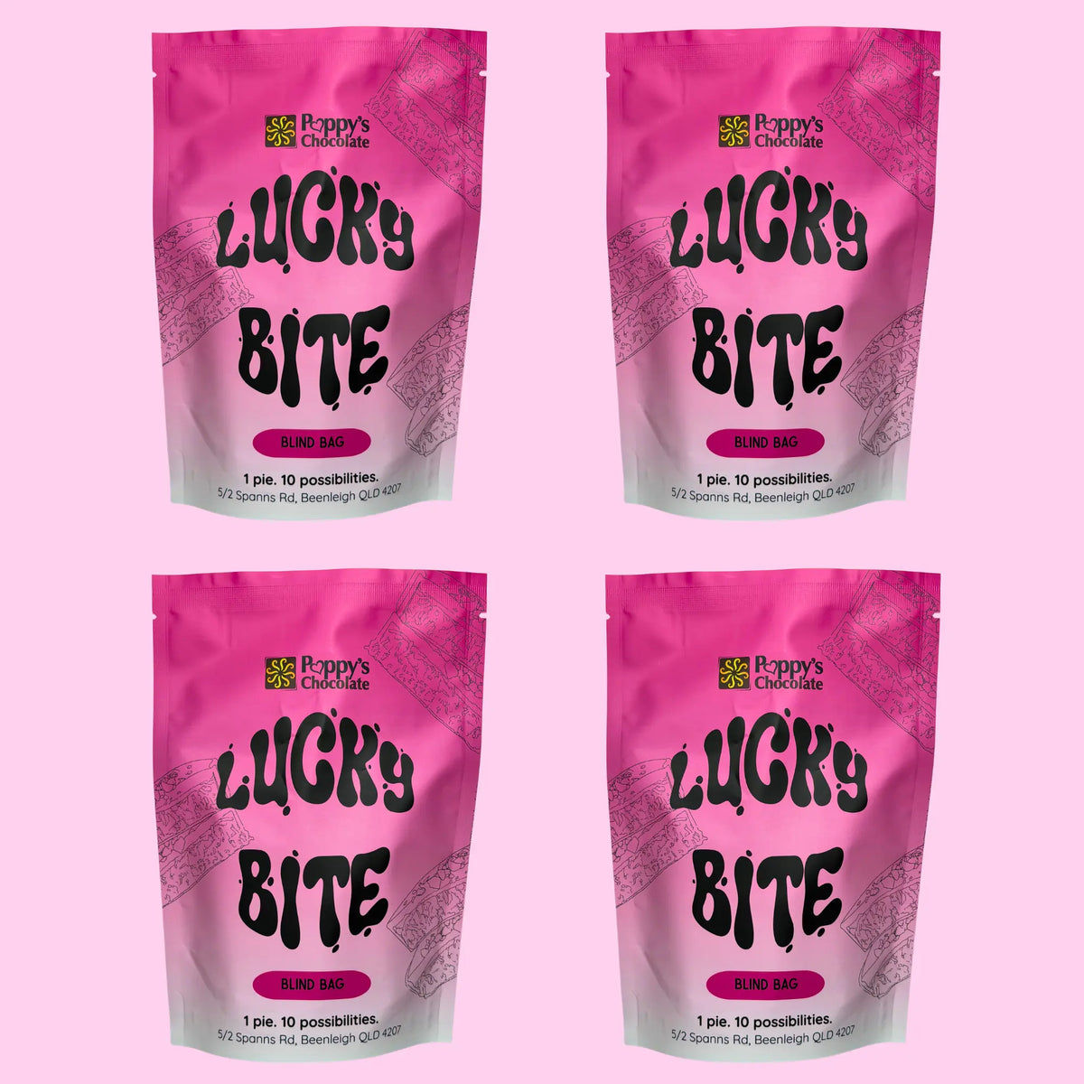 Four identical stand-up pouches of  Lucky Bite arranged in a 2x2 grid on a solid pink background.