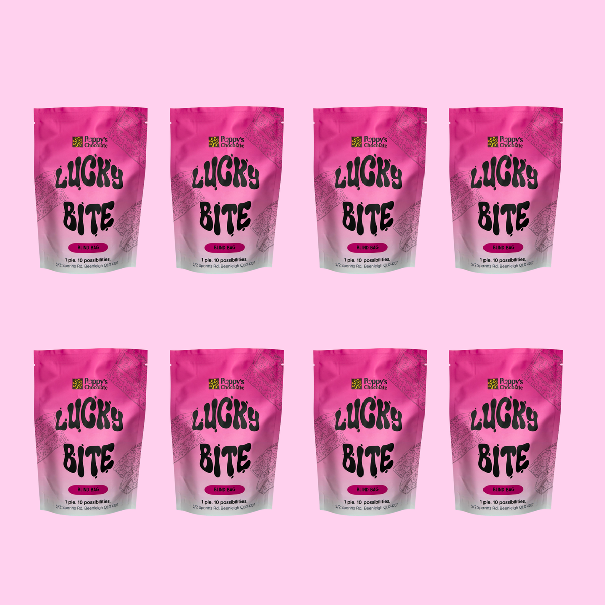 Eight pink stand-up pouches of Lucky Bite bags arranged in two rows on a solid pink background.