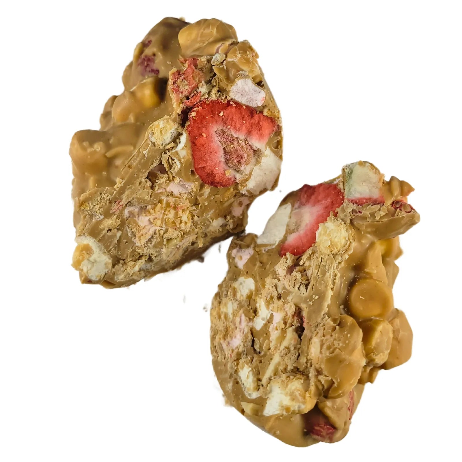 A collection of four different flavoured Rocky Road Easter eggs, each with a mix of chocolate and nuts, arranged side by side.