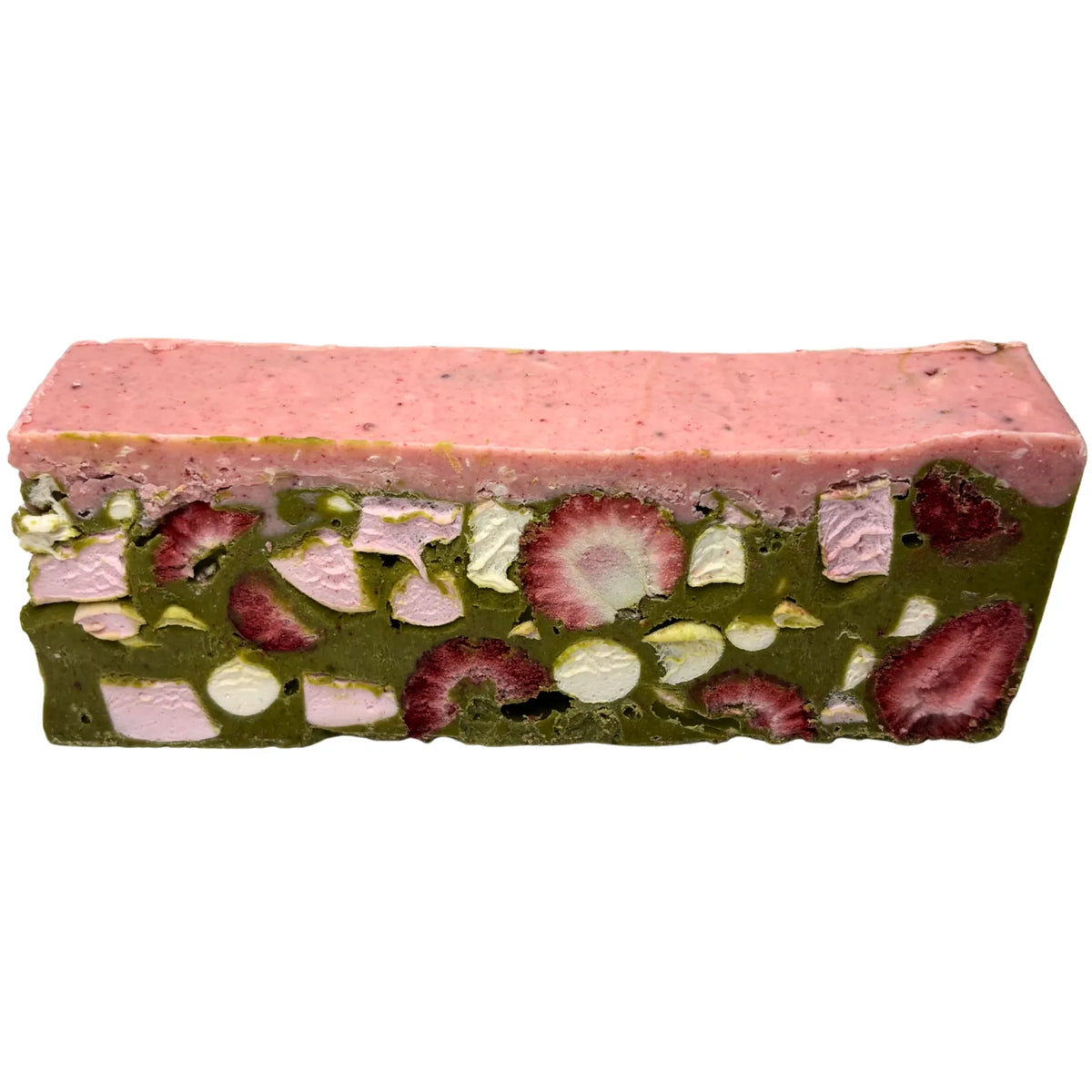 Poppy’s Chocolate limited edition berry sweet matcha rocky road with white chocolate, matcha powder, freeze-dried strawberries, mini marshmallows, and strawberry white chocolate topping. 