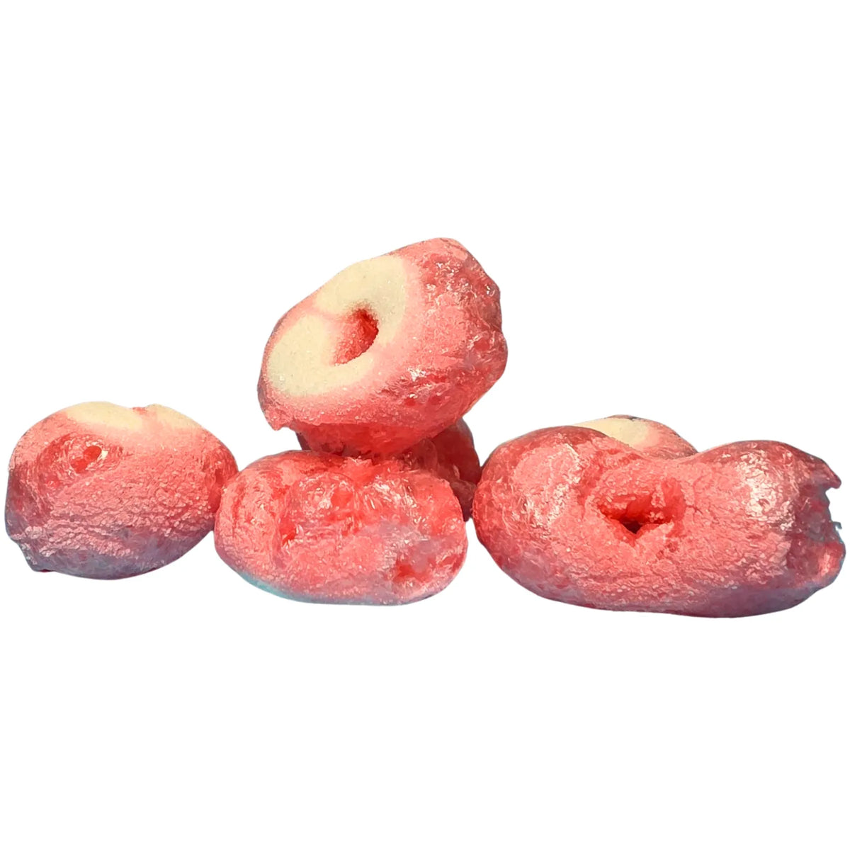 Poppy’s Chocolate freeze-dried sour strawberry ring lollies served as a fun crunchy snack