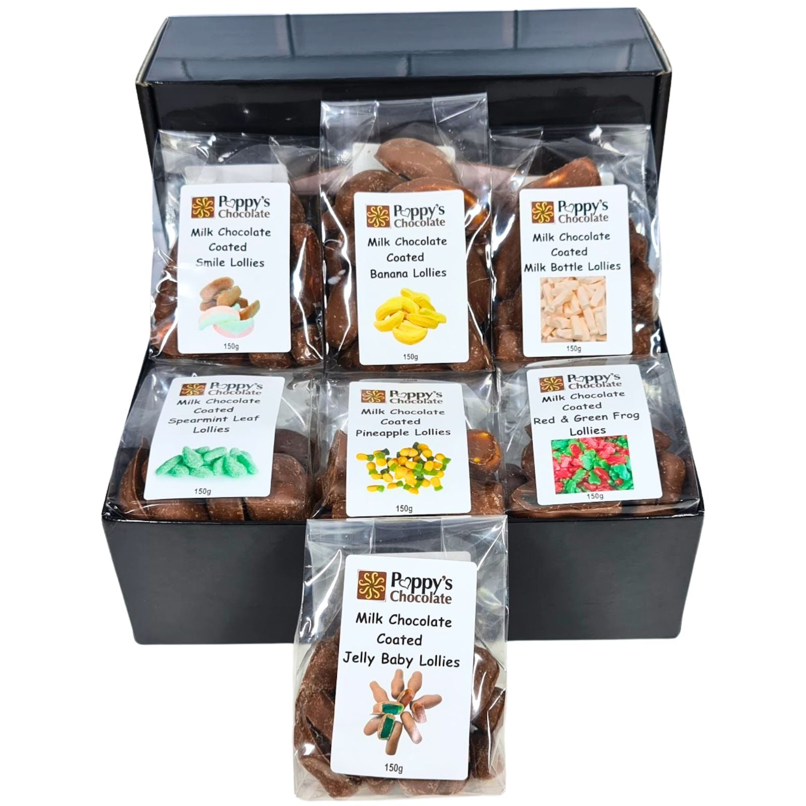 Poppy's Chocolate Coated Lollies. Classic Lollies coated in Milk Chocolate in Poppy's black hamper box.