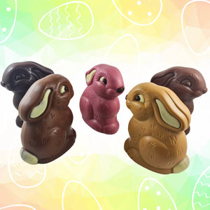 Five colourful Poppy's Chocolate Easter Egg Bunnies.