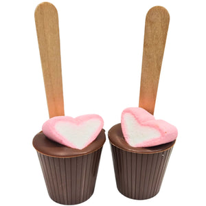 Poppy's Chocolate Milk hot chocolate sticks with heart shaped marshmallows
