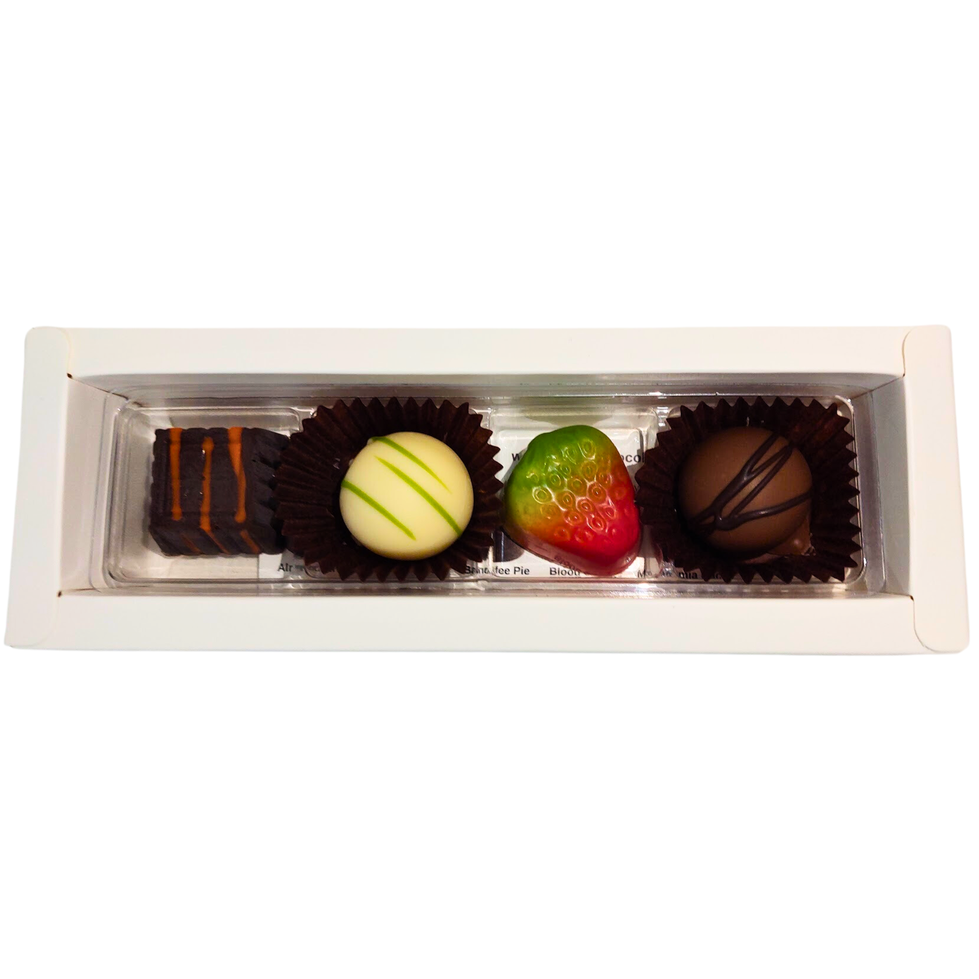 A white rectangular box with a transparent lid presents an assortment of truffles inside. The lid is adorned with a label that reads "Poppy's Chocolate" along with a decorative design, making it the perfect premium gift box for the Gift Box 4 gourmet chocolates from Poppy's Chocolate Australia.