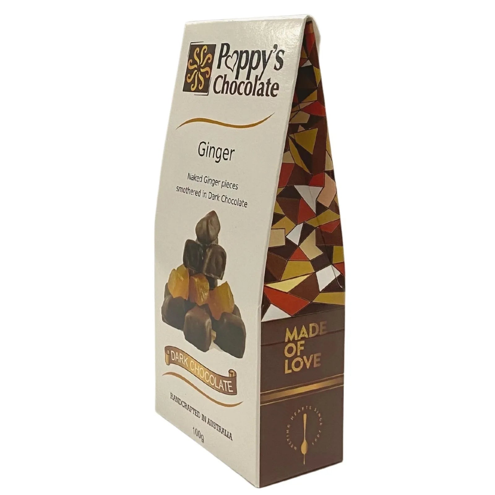 A pyramid of Poppy's Chocolate Dark Chocolate Coated Ginger candies is arranged with vibrant, translucent yellow pieces interspersed throughout, set against a plain white background, making it an ideal gift.