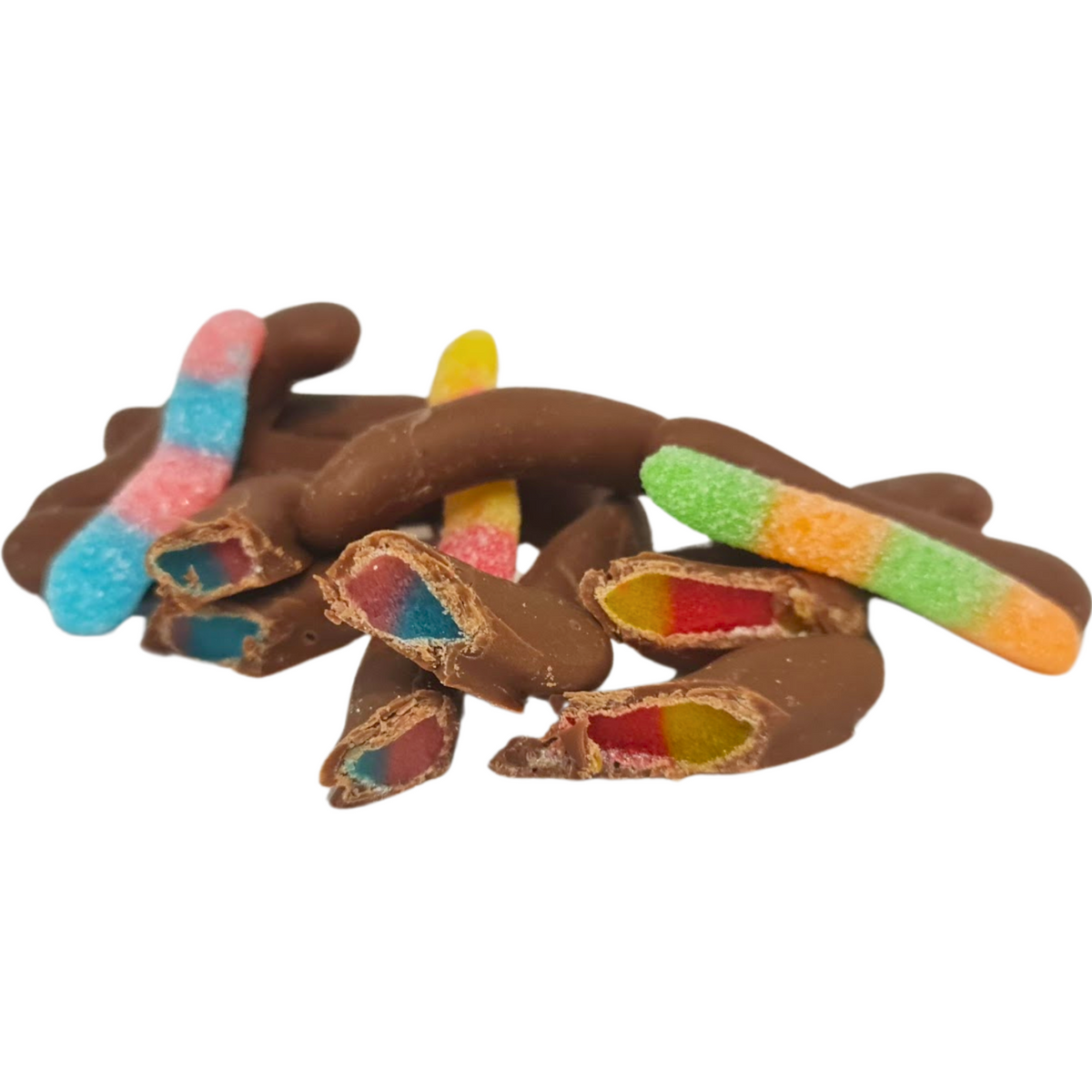 Milk Chocolate coated Sour Worm lollies
