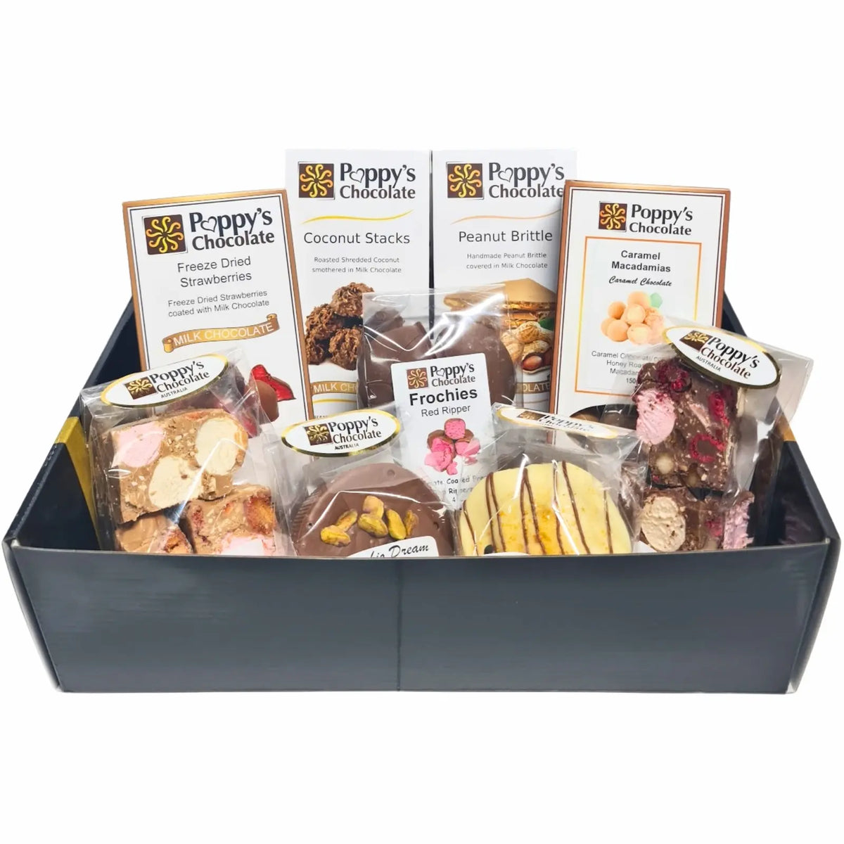 Poppy’s Team Faves Box filled with assorted chocolates, Pies, rocky road, bark, and chocolate coated treats.