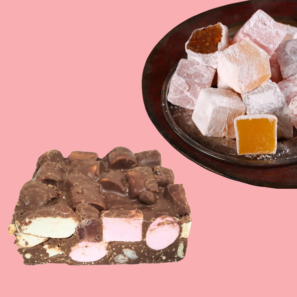 Rocky Road Cashew and Turkish Delight Milk Chocolate next to Turkish delight in a plate