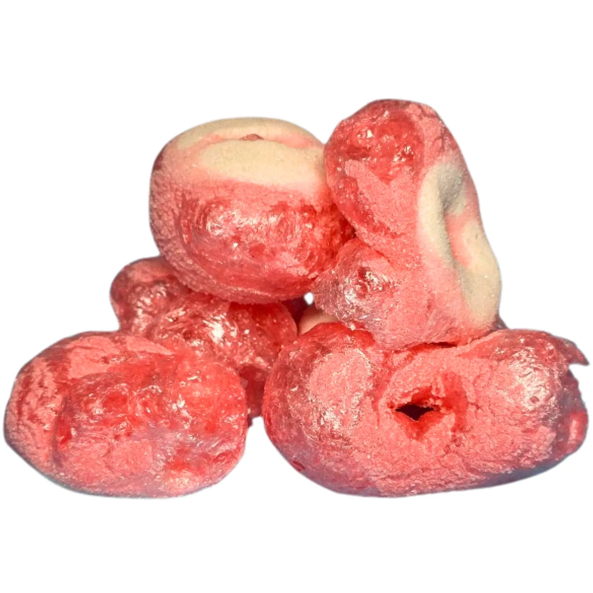 Poppy’s Chocolate freeze-dried sour strawberry ring lollies served as a fun crunchy snack