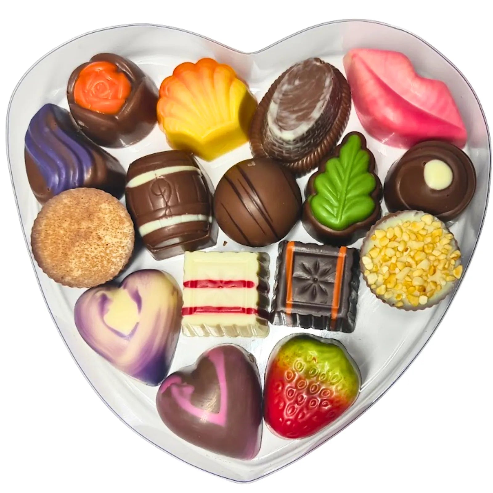 A heart-shaped clear gift box containing an assortment of gourmet chocolates, tied with a Gold ribbon and branded with 'Poppy's Chocolate'.