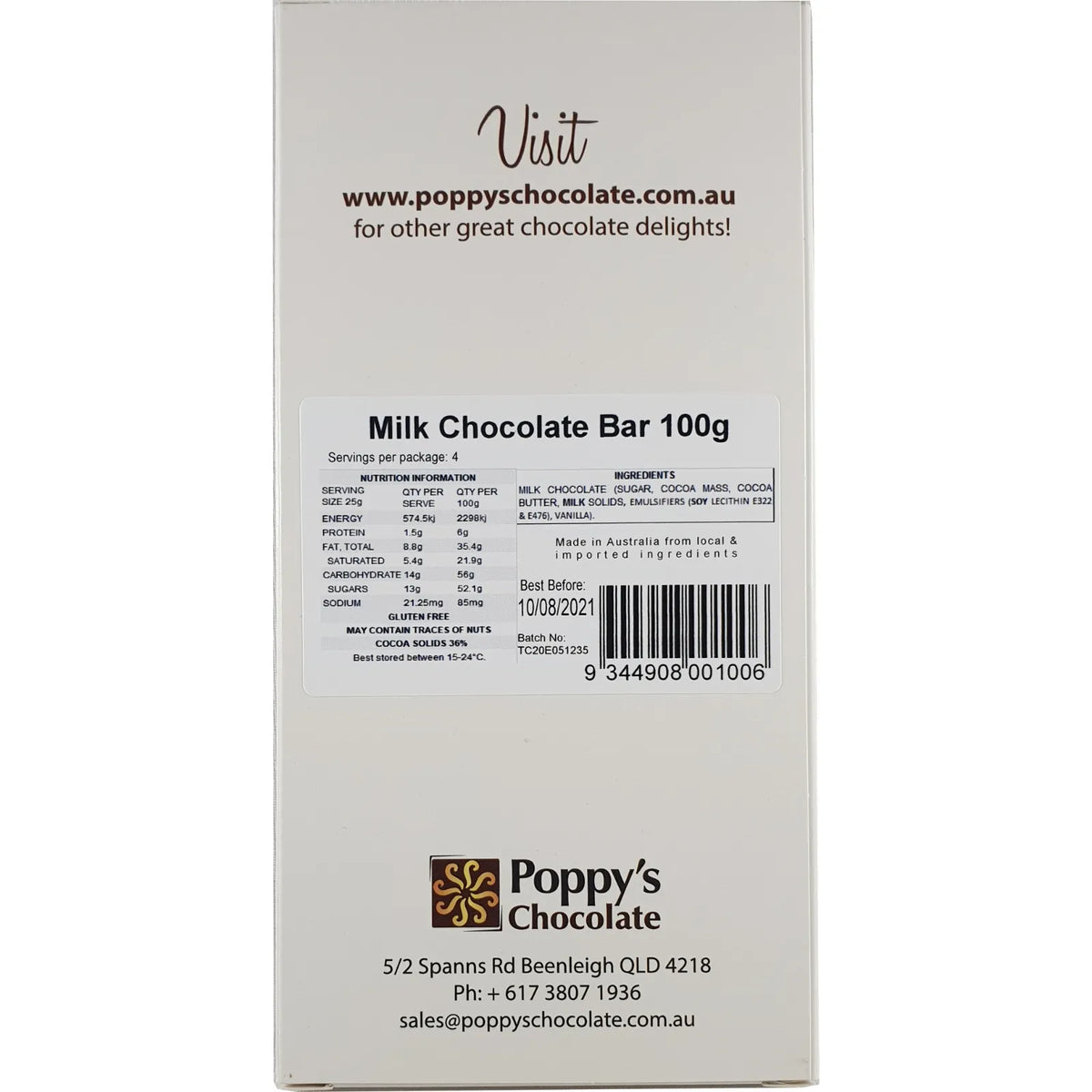 Poppy's Chocolate Milk Chocolate Block 100G