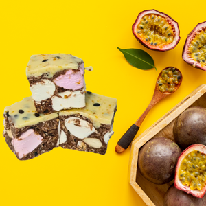 Passionfruit Rocky Road and Passionfruit on a yellow background