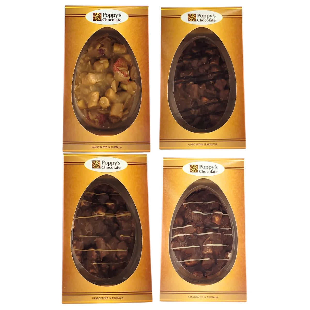 A collection of four different flavoured Rocky Road Easter eggs, each with a mix of chocolate and nuts, arranged side by side.