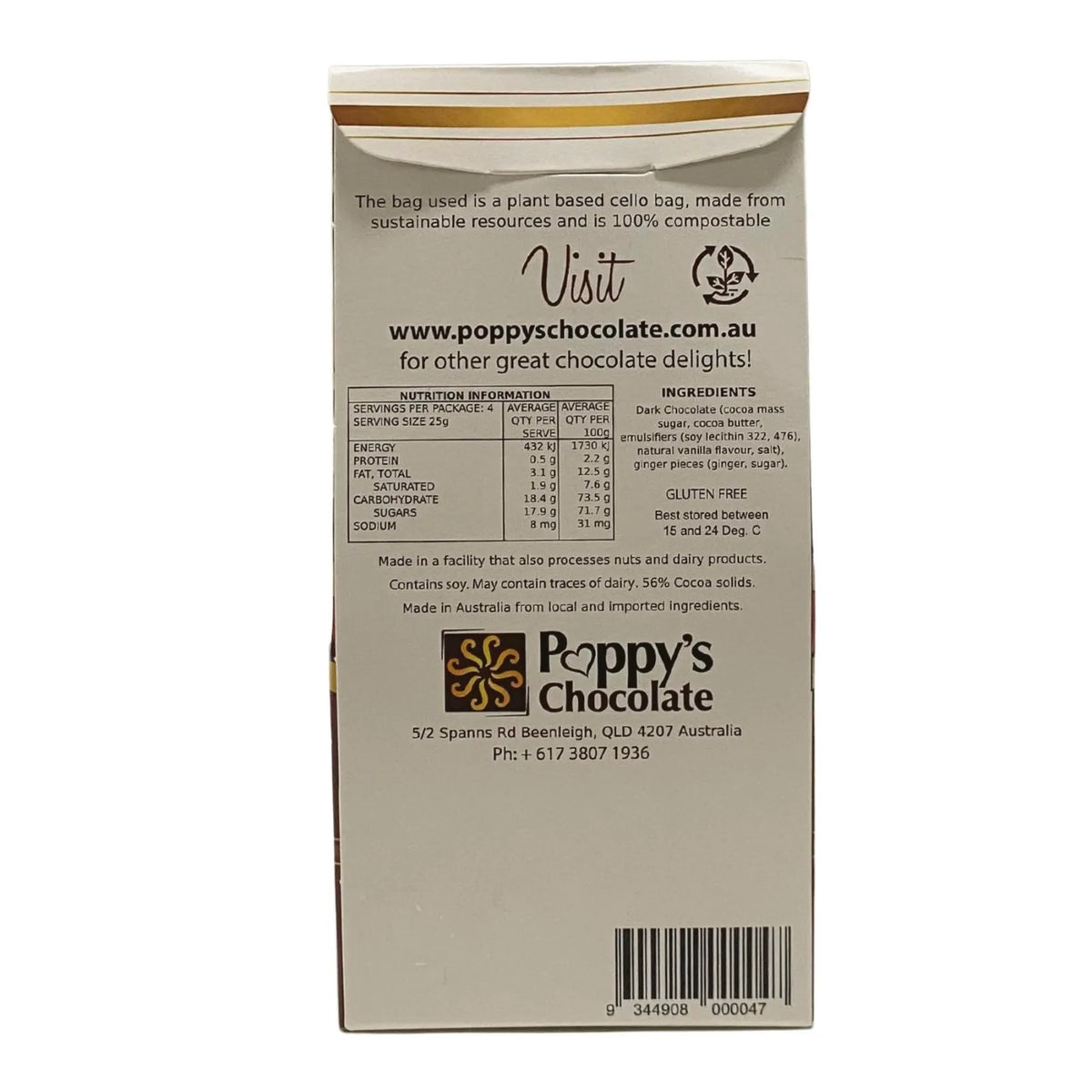 The box of Poppy's Chocolate, labeled as Dark Chocolate Coated Ginger 100g, showcases ginger pieces covered in luxurious dark couverture chocolate. Perfect for gifting, this handcrafted treat from Australia is elegantly packaged with the product name prominently displayed. The image features mouthwatering ginger pieces coated in chocolate.