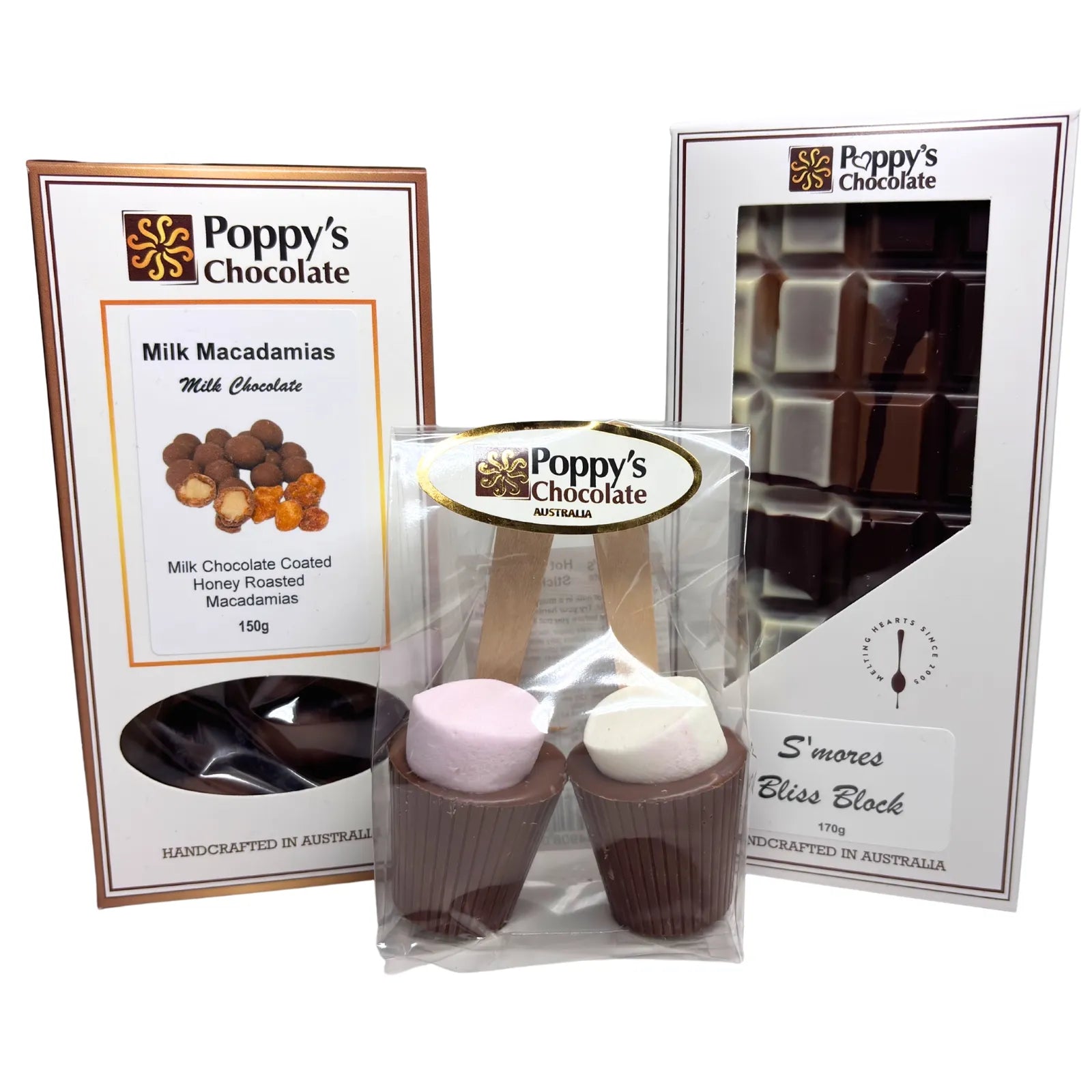 Sneaky Snack Hamper containing milk honey roasted macadamias, S’mores Bliss Block, and hot chocolate sticks twin pack