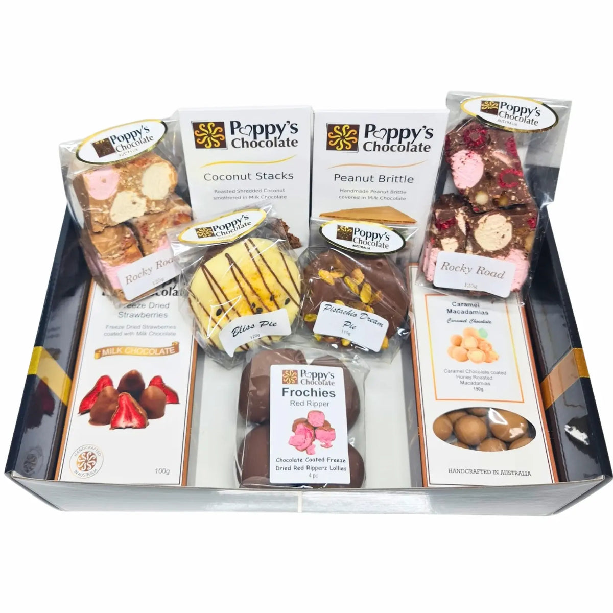 Poppy’s Team Faves Box filled with assorted chocolates, Pies, rocky road, bark, and chocolate coated treats.