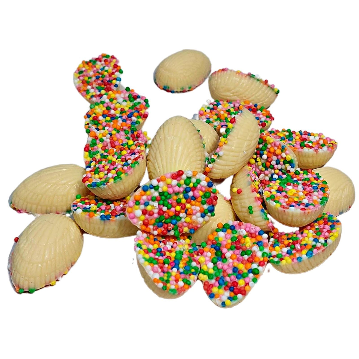 A pile of Mini Half Easter Eggs  half-covered with colourful sprinkles.  