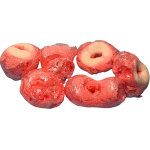Poppy’s Chocolate freeze-dried sour strawberry ring lollies served as a fun crunchy snack