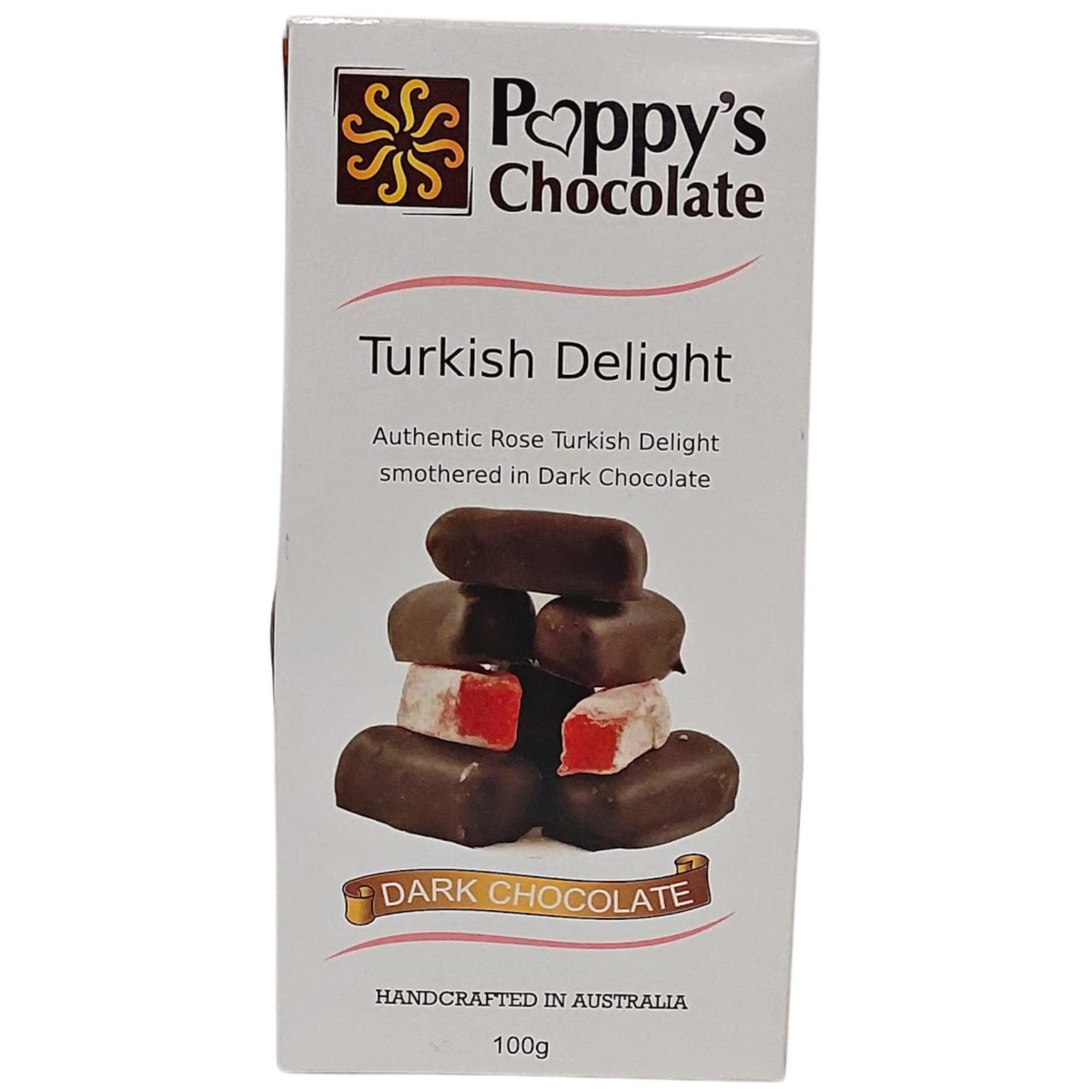 A 100g box of Chocolate Coated Turkish Delight Dark Chocolate by Poppy&#39;s Chocolate is ideal for gifting, featuring rose-flavored Turkish delight wrapped in luxurious dark chocolate. The packaging, primarily white with sophisticated brown and red accents, is handcrafted in Australia.