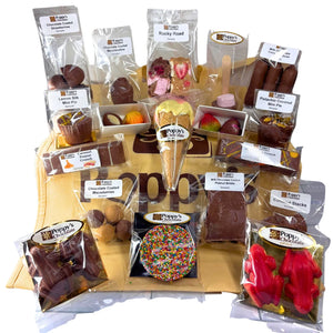 Poppy's Gluten Free Show Bag packed with gluten-free chocolate samples, Strawberry Sundae Cone, rocky road, chocolate-coated strawberries, gourmet treats, and a tote bag.