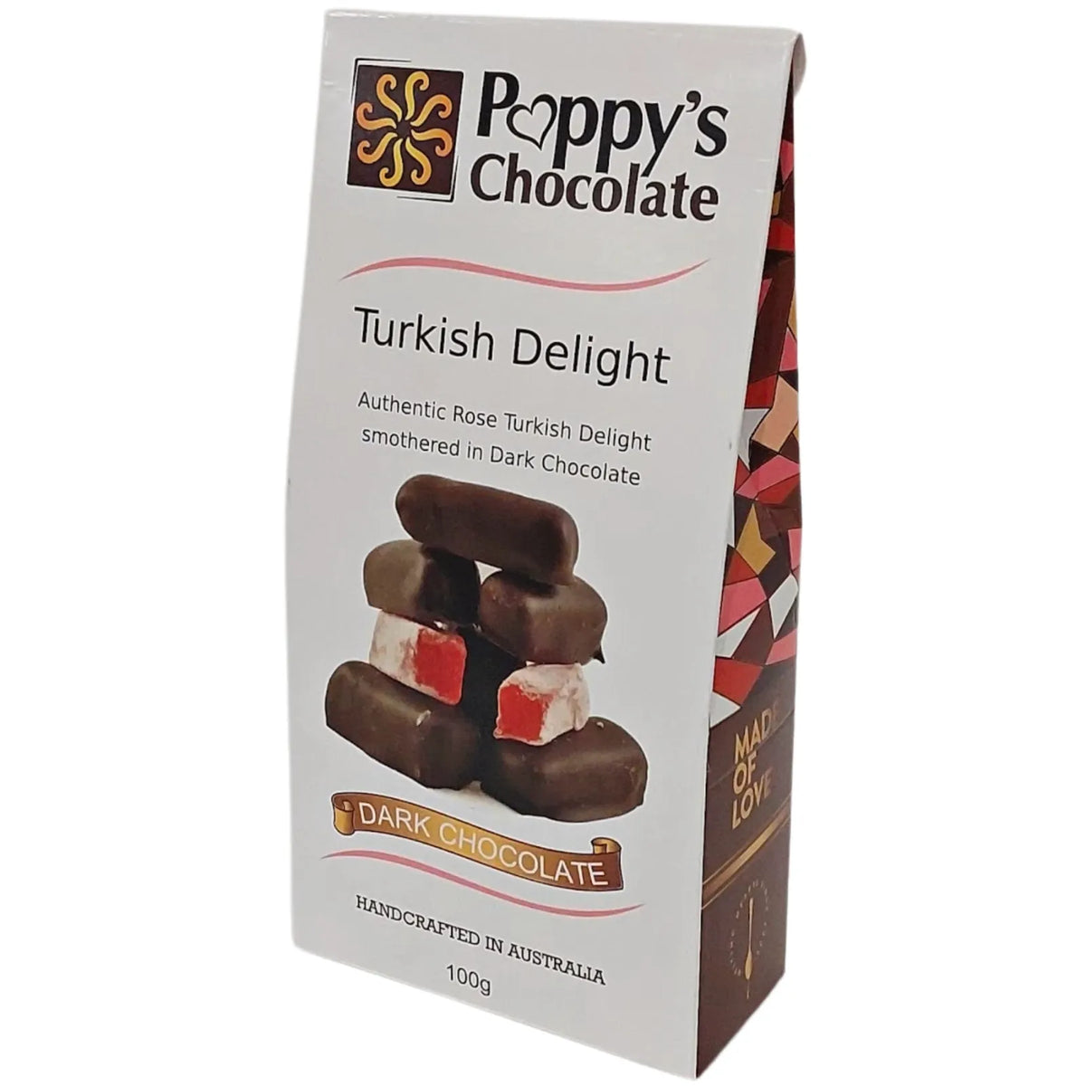 A 100g box of Chocolate Coated Turkish Delight Dark Chocolate by Poppy's Chocolate is ideal for gifting, featuring rose-flavored Turkish delight wrapped in luxurious dark chocolate. The packaging, primarily white with sophisticated brown and red accents, is handcrafted in Australia.