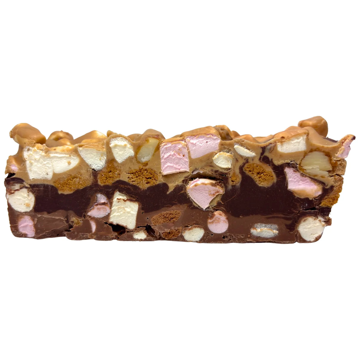Poppy’s Chocolate limited edition three-layer rocky road featuring milk chocolate with crushed Tim Tams and macadamia nuts, dark chocolate center, and caramel chocolate mixed with Biscoff biscuits and marshmallows