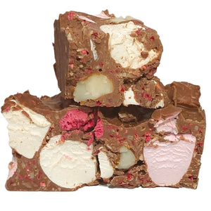 Poppy's Chocolate Rocky Road Raspberry and Macadamia Milk Chocolate 125g Luxury Handmade Chocolate Lollies