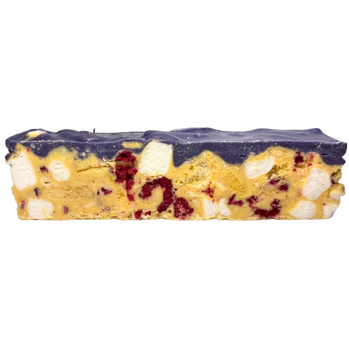 Poppy’s Chocolate limited edition tropical twist rocky road made with white chocolate, freeze-dried mango, pineapple, raspberries, coconut shreds, marshmallows, and topped with ube white chocolate
