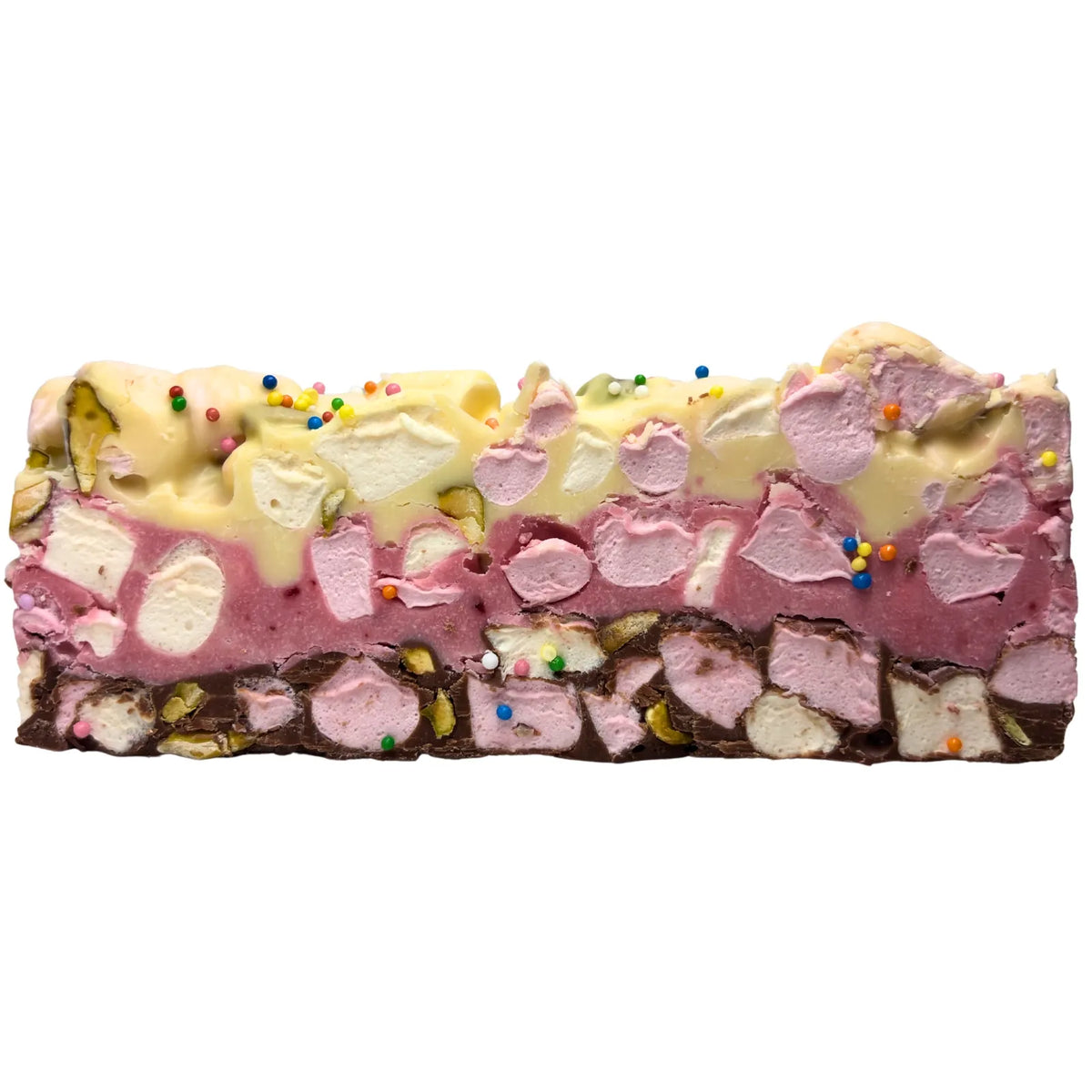 Poppy’s Chocolate limited edition Neapolitan rocky road with milk chocolate base, strawberry white chocolate layer, white chocolate topping, pistachios, mini vegan marshmallows, and 100s & 1000s sprinkles