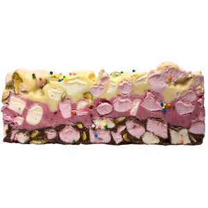 Poppy’s Chocolate limited edition Neapolitan rocky road with milk chocolate base, strawberry white chocolate layer, white chocolate topping, pistachios, mini vegan marshmallows, and 100s & 1000s sprinkles