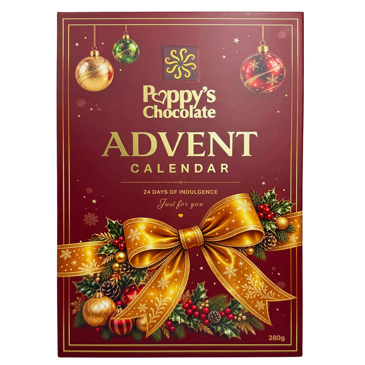 Poppy’s Chocolate Christmas Advent Calendar featuring 24 numbered doors in a luxurious hard case