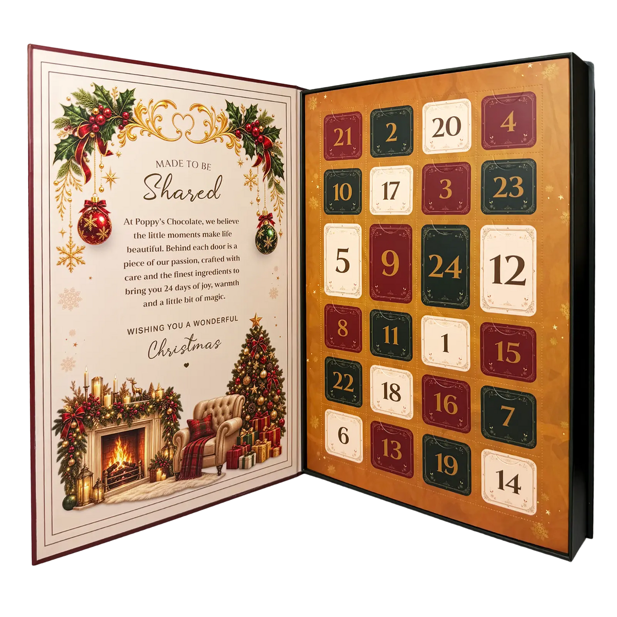 Poppy’s Chocolate Christmas Advent Calendar featuring 24 numbered doors in a luxurious hard case
