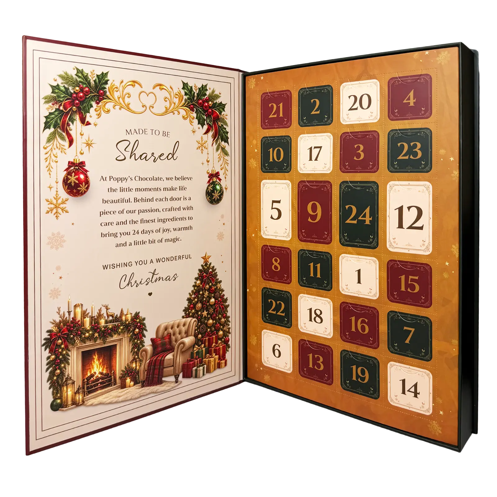 Poppy’s Chocolate Christmas Advent Calendar featuring 24 numbered doors in a luxurious hard case