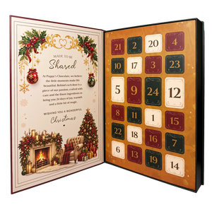 Poppy’s Chocolate Christmas Advent Calendar featuring 24 numbered doors in a luxurious hard case