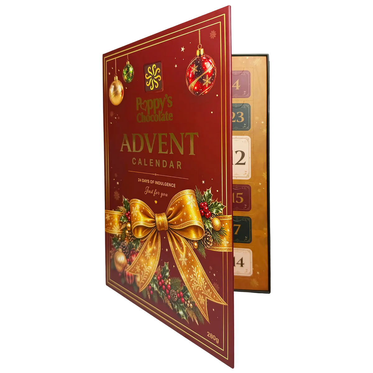Poppy’s Chocolate Christmas Advent Calendar featuring 24 numbered doors in a luxurious hard case