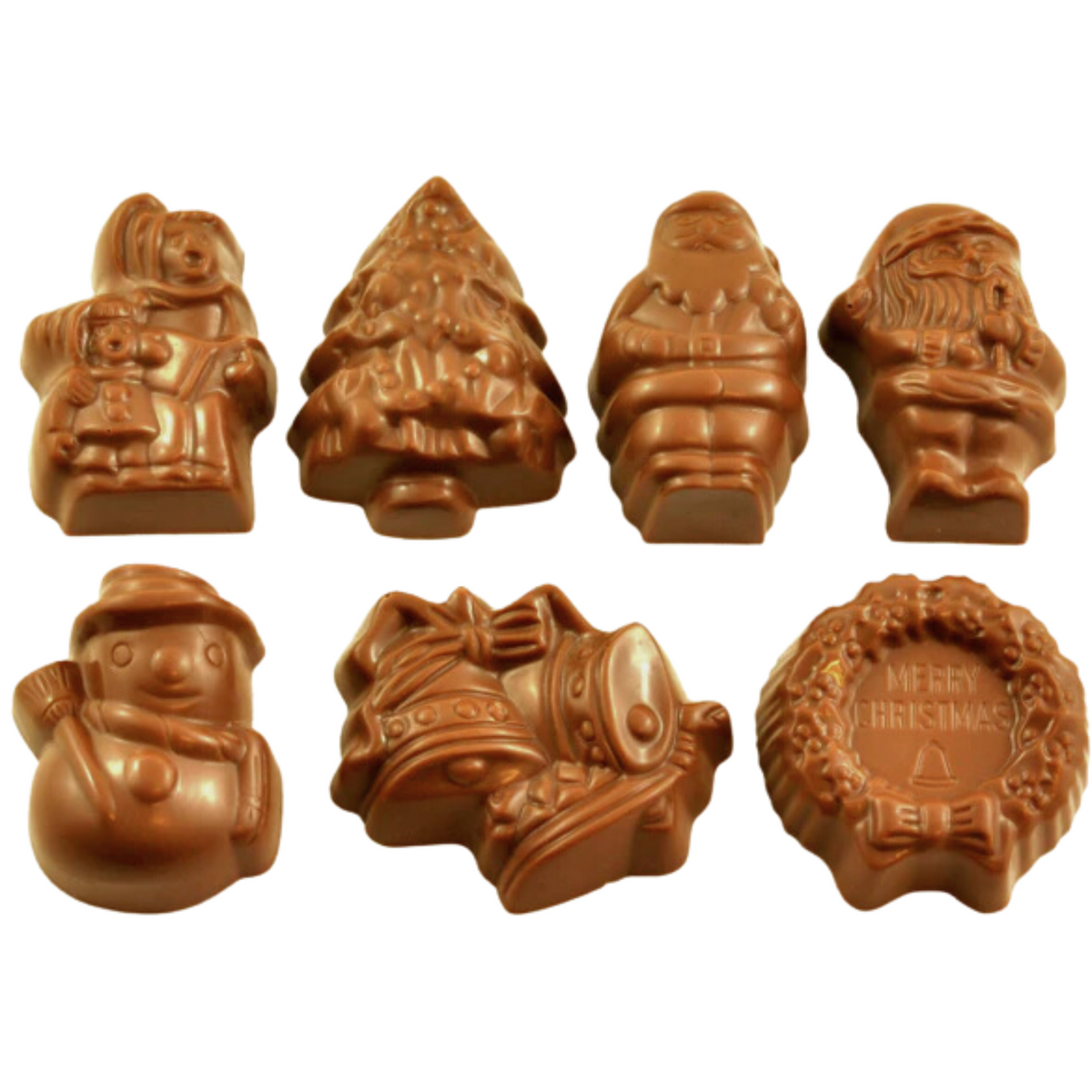 Assorted Christmas chocolates shaped like snowmen, a Christmas tree, Santa Claus, bells and a “Merry Christmas” wreath on a white background.