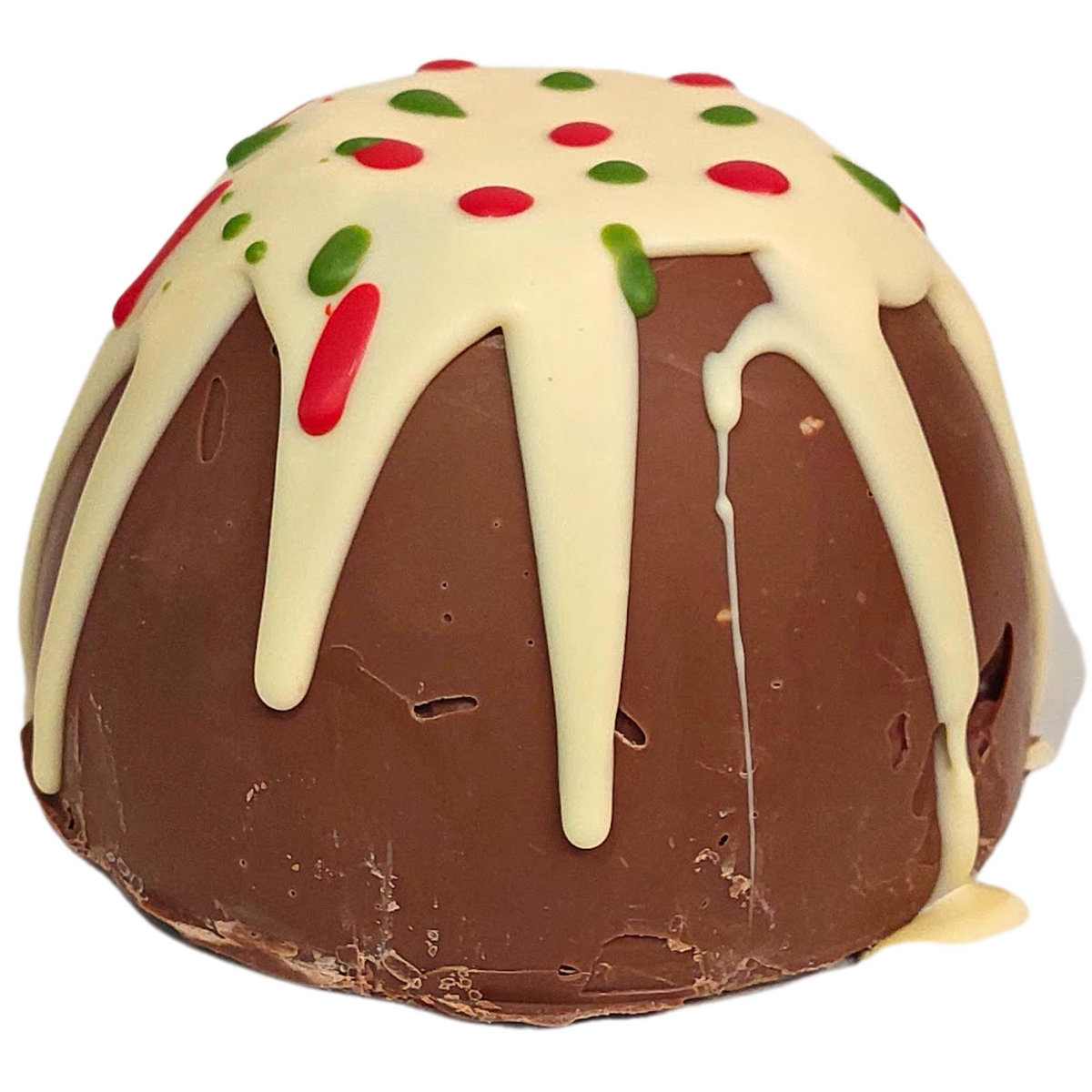 Bliss Dome chocolate shaped like a Christmas pudding, with white chocolate drips and red and green decorations.