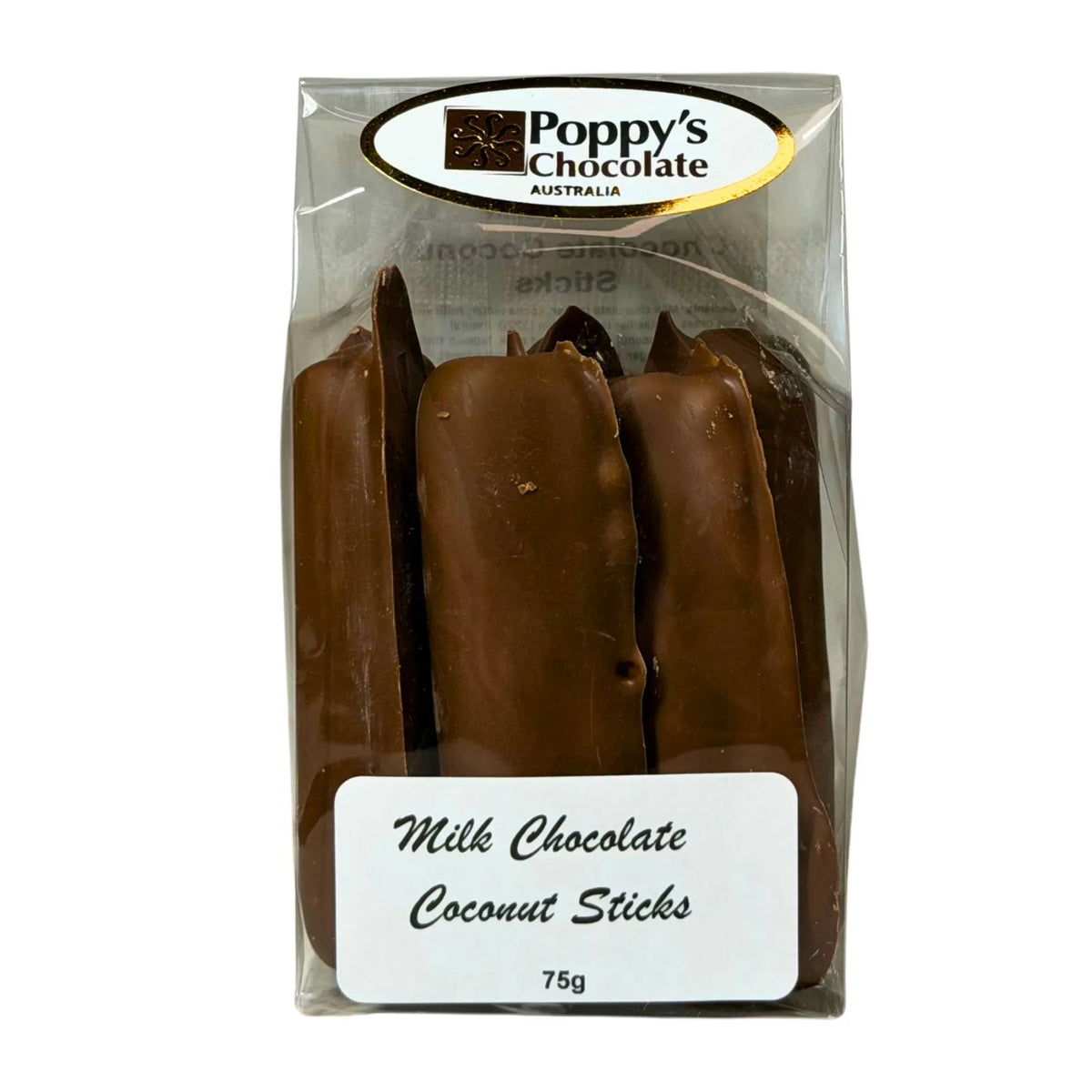 A 75g package of Poppy's Chocolate Australia Milk Chocolate Coconut Sticks, showing several chocolate-covered coconut sticks inside a clear plastic bag with a white and gold brand label and a white product label at the bottom.
