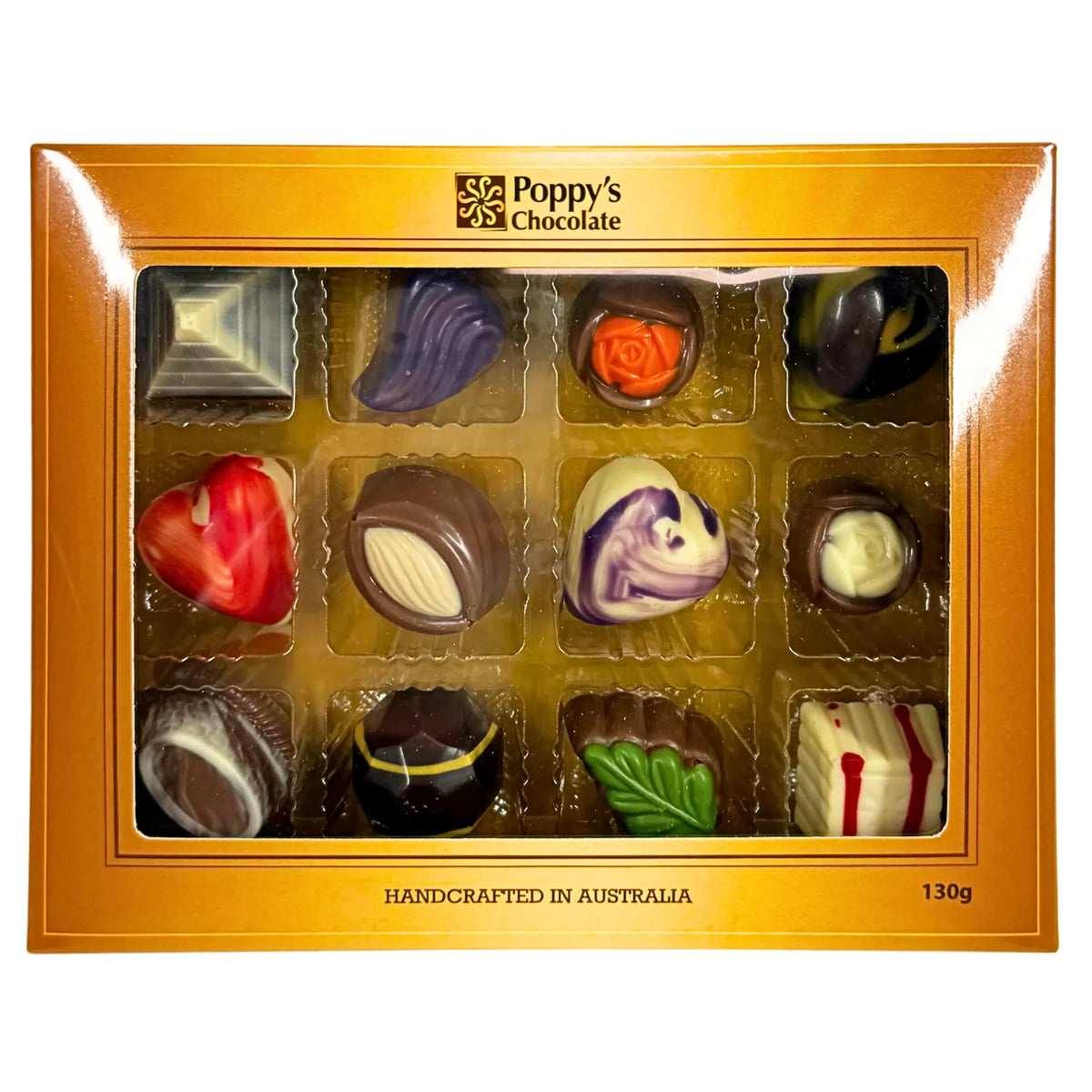 Experience the delight of a Gift Box featuring 12 gourmet chocolates, beautifully crafted into heart shapes, swirls, and marbled patterns. This elegant collection from Poppy's Chocolate is presented in a premium gift box and weighs 130 grams, making it an irresistible treat for any occasion.