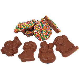 Christmas-shaped milk chocolate bites showing moulded fronts and colourful sprinkle-covered backs.