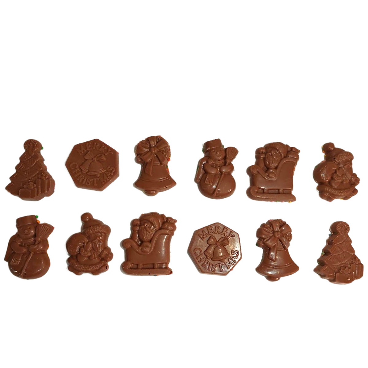Twelve Christmas-shaped milk chocolate bites arranged in two rows, showing their moulded designs.