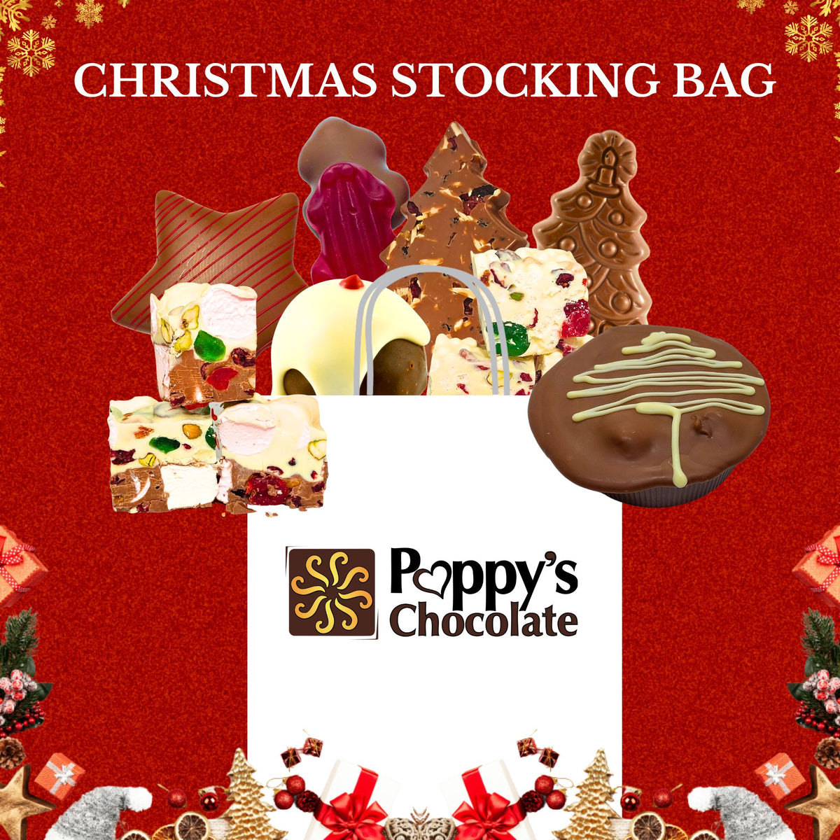 Christmas-themed chocolate assortment with 'Poppy's Chocolate' logo on a red background