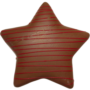Dubai Pistachio Star coated in milk chocolate and decorated with red chocolate drizzle.