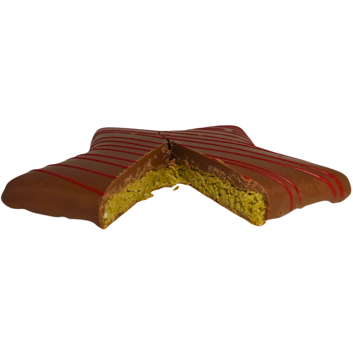 Dubai Pistachio Star with a section removed to reveal the pistachio and kataifi filling beneath the chocolate coating.