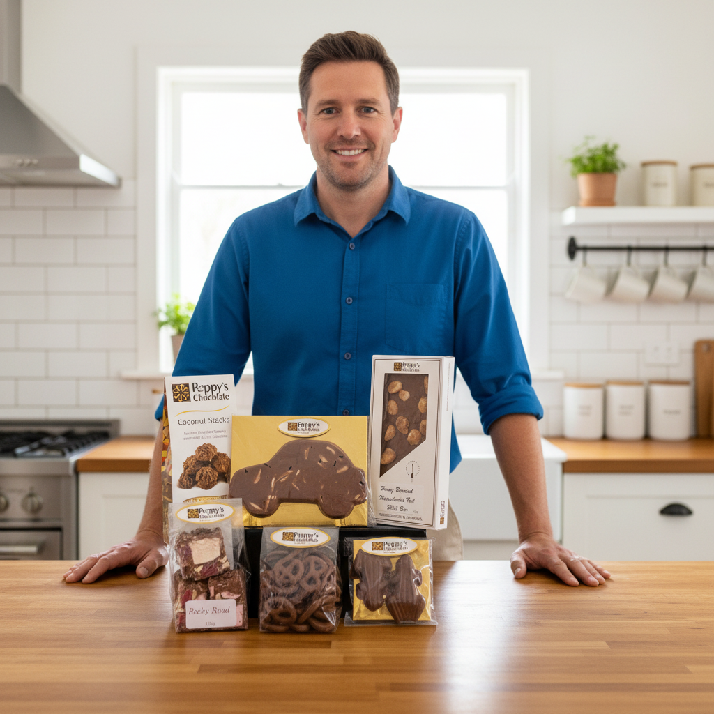 A smiling man in a blue shirt stands behind a wooden counter in a bright kitchen, presenting an assortment of gourmet chocolate treats from Pappy's Chocolate Company.