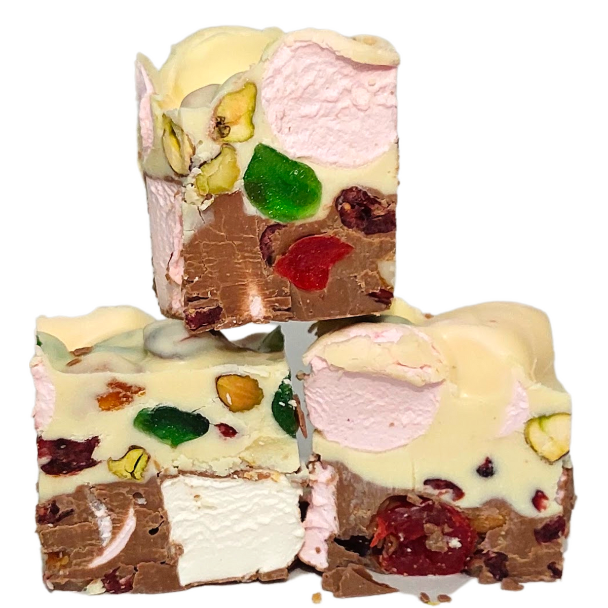A photo of a double decker rocky road slice with visible glace cherries, pistachios, and marshmallows, set on a white background.
