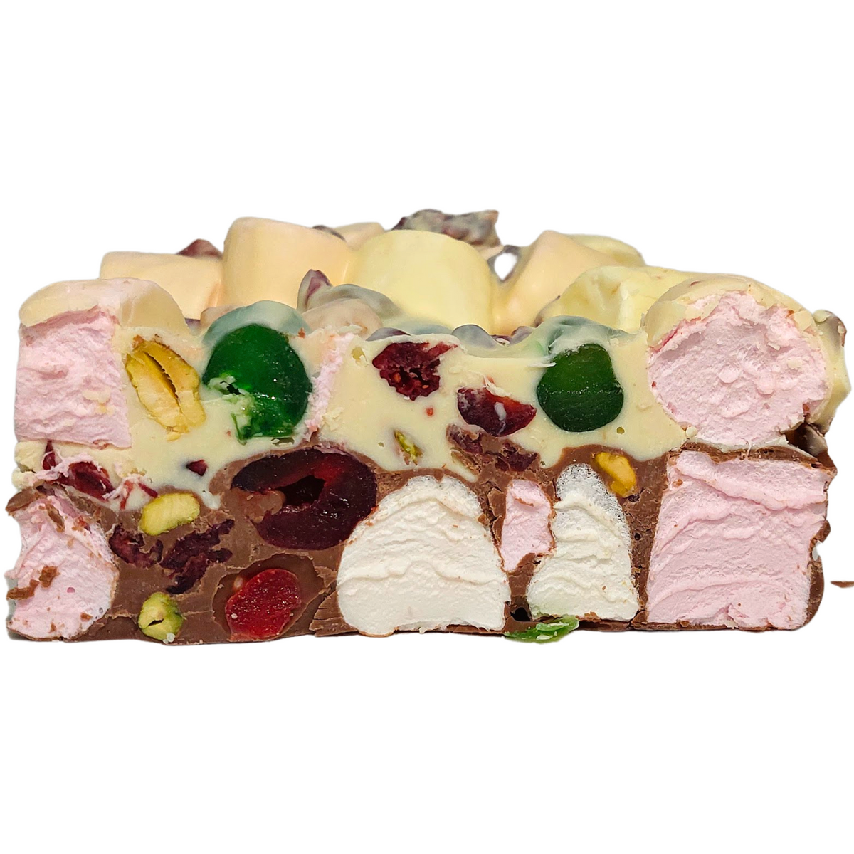 Front view of the Holiday Rocky Road Double Decker block showing the chocolate layers and colourful ingredients.